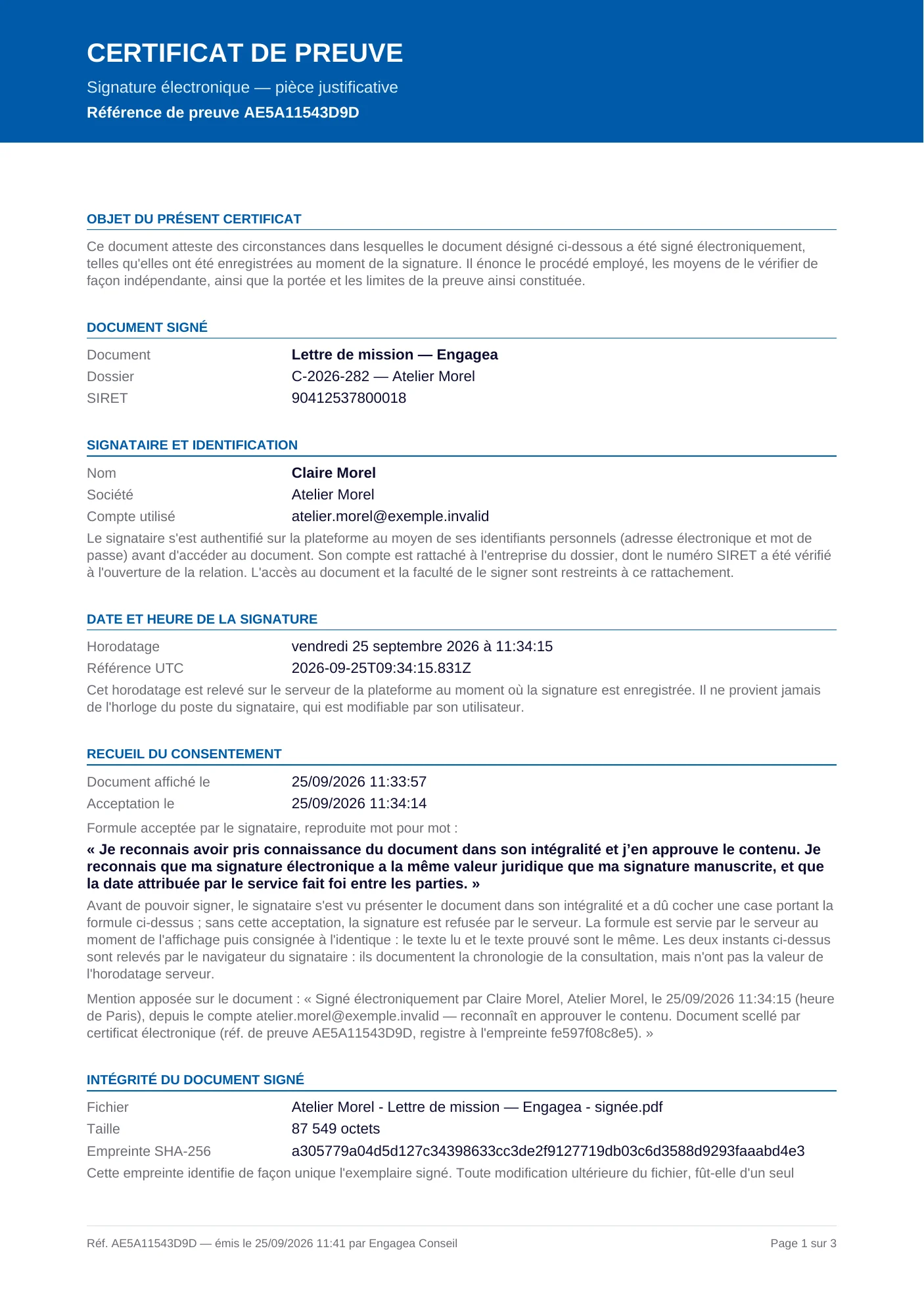 Certificat de preuve d’une lettre de mission signée (démonstration)