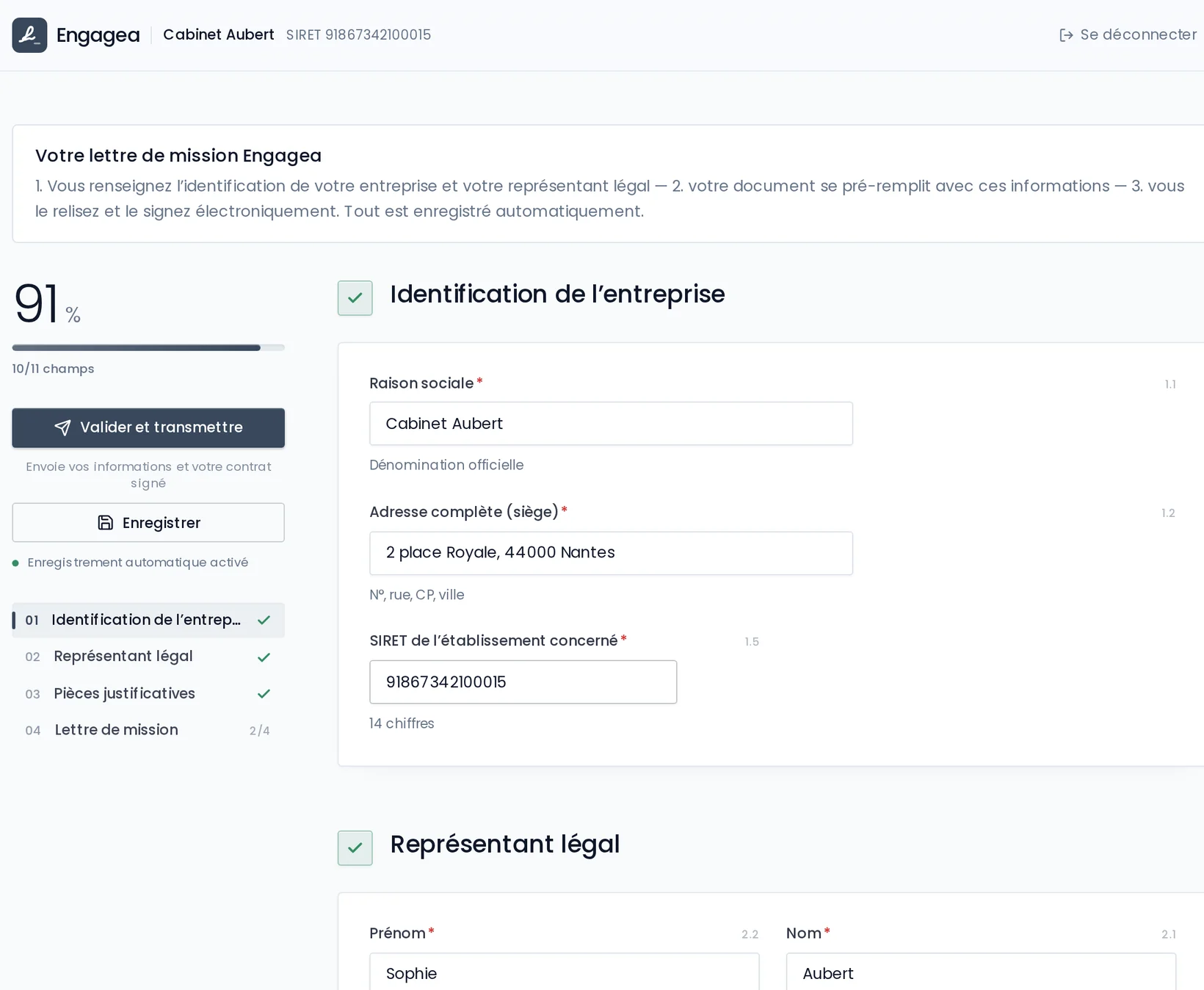 Espace client Engagea : identification de l’entreprise remplie, progression à 91 %