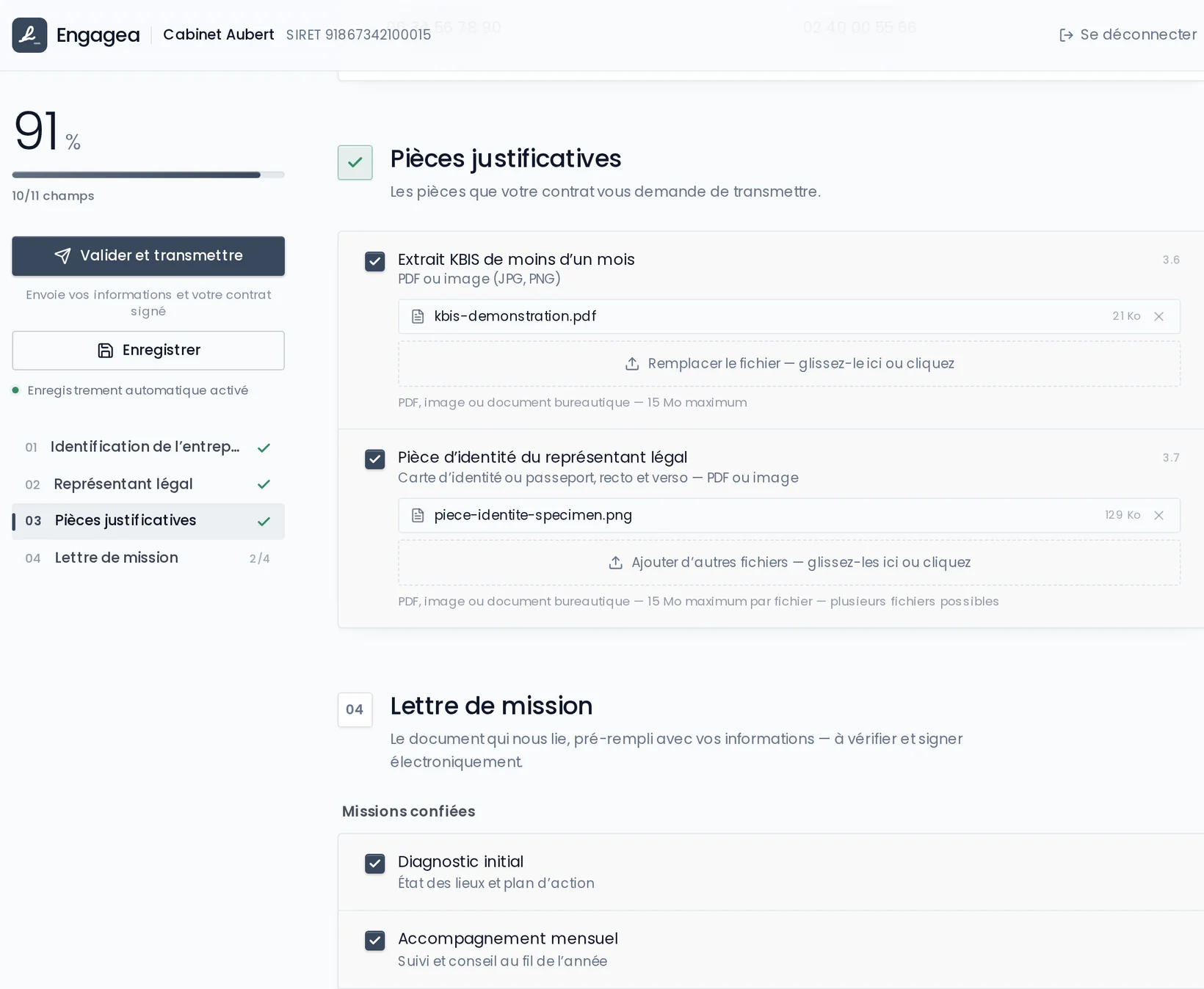 Dépôt des pièces justificatives : extrait Kbis et pièce d’identité déposés