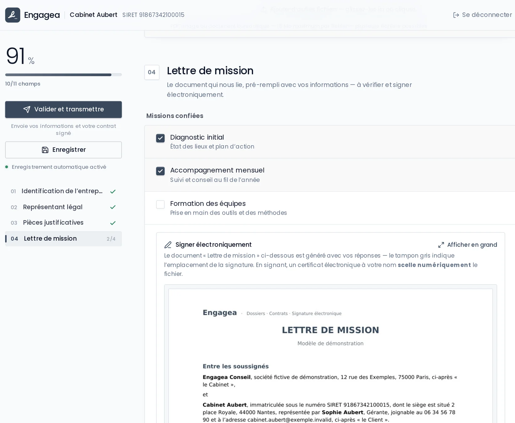 Lettre de mission préremplie avec les informations du client, prête à être signée